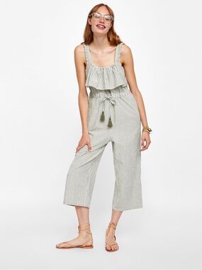 Zara Basic Striped Jumpsuit with Ruffles and Tassel Drawstring Waist Size S